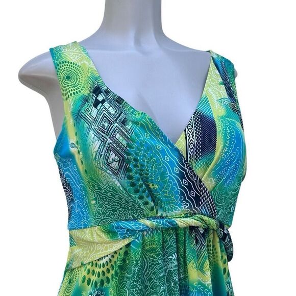 Maxi Dress Women's Medium Blue Green Abstract Mix Print Surplice Neck Sleeveless - Picture 5 of 14